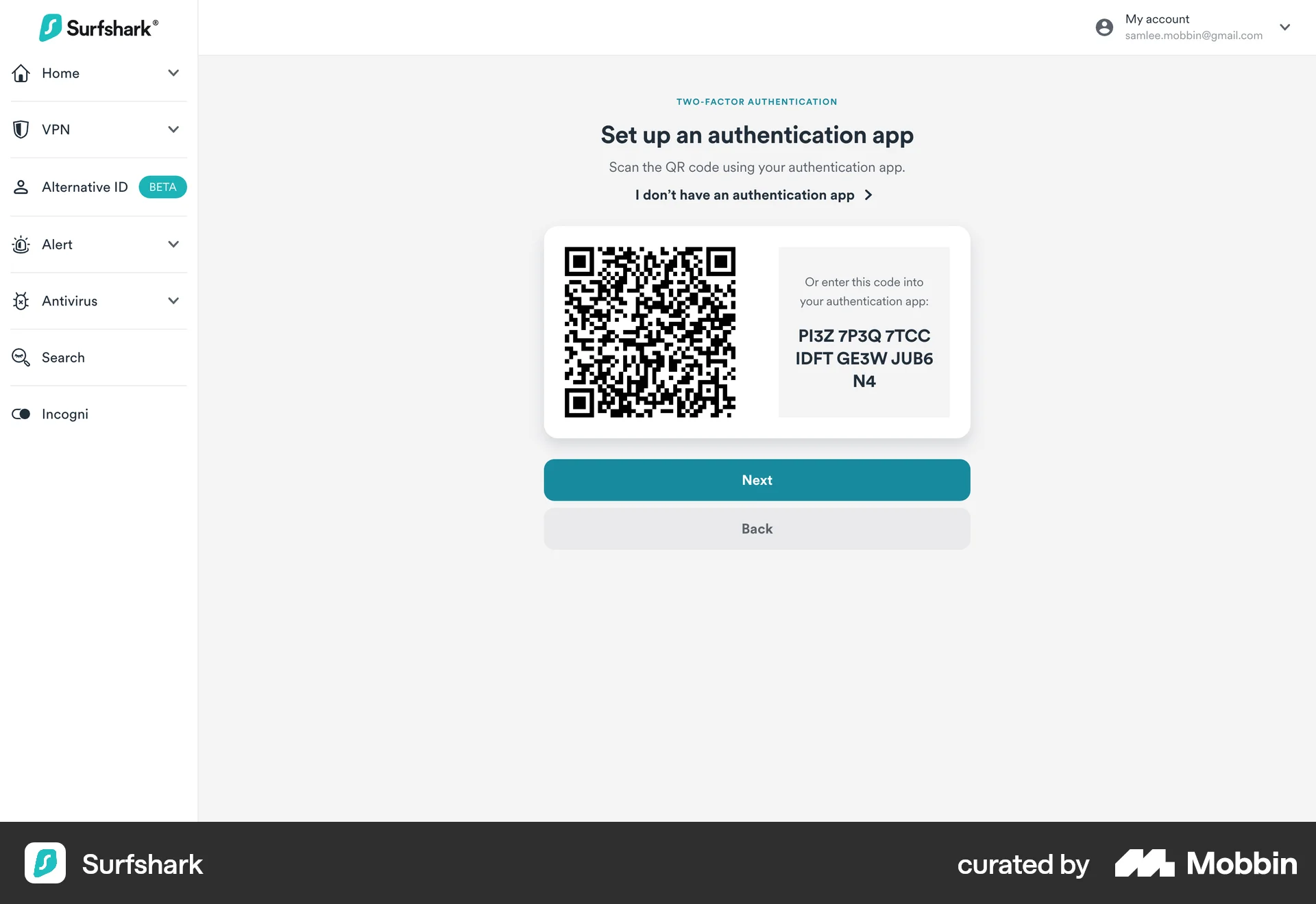 Surfshark Web QR Code screen