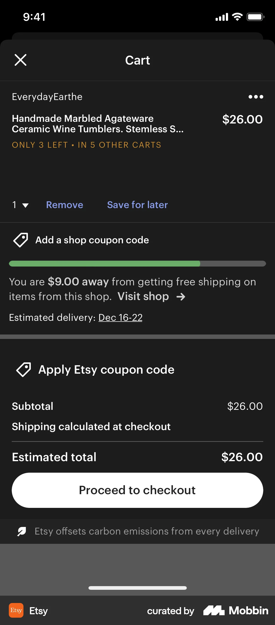 Etsy iOS Mobile Shopping Cart screen