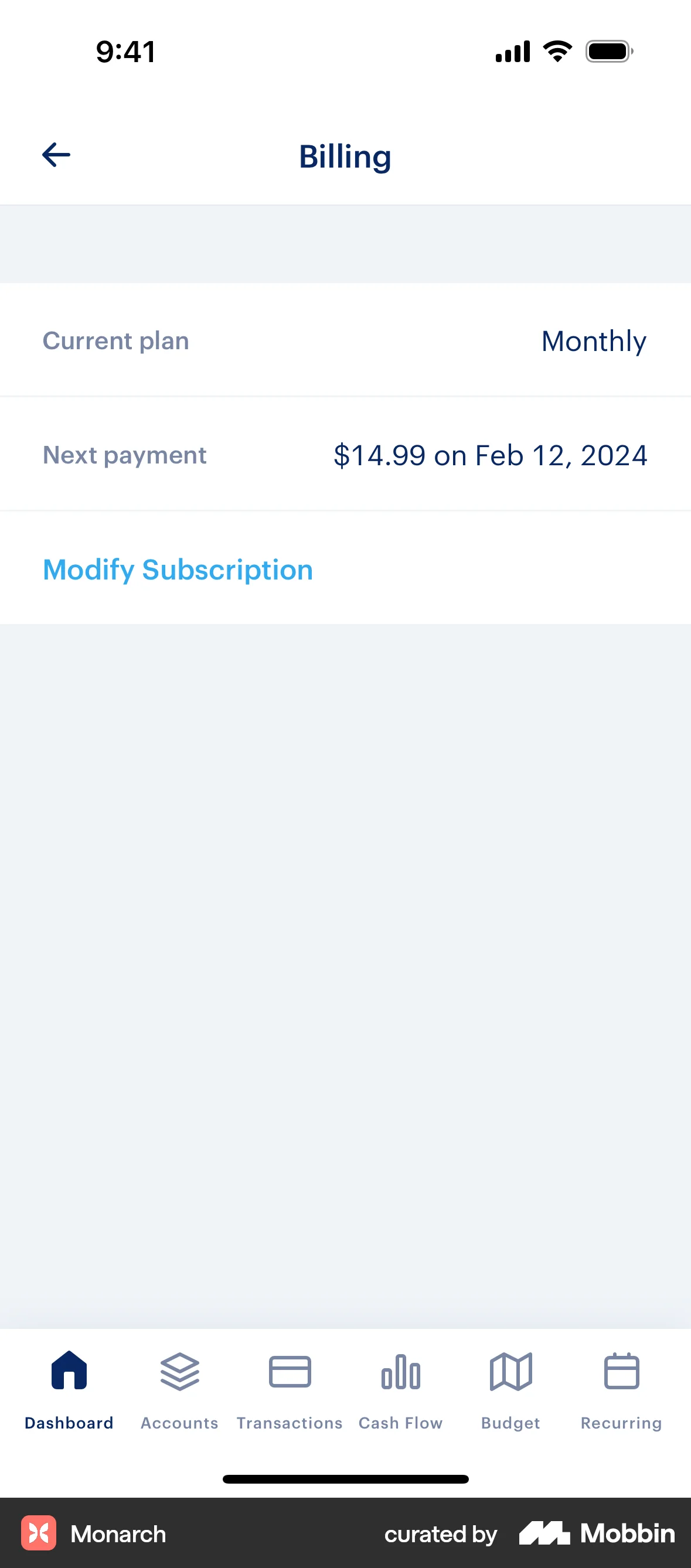 Monarch iOS Billing screen