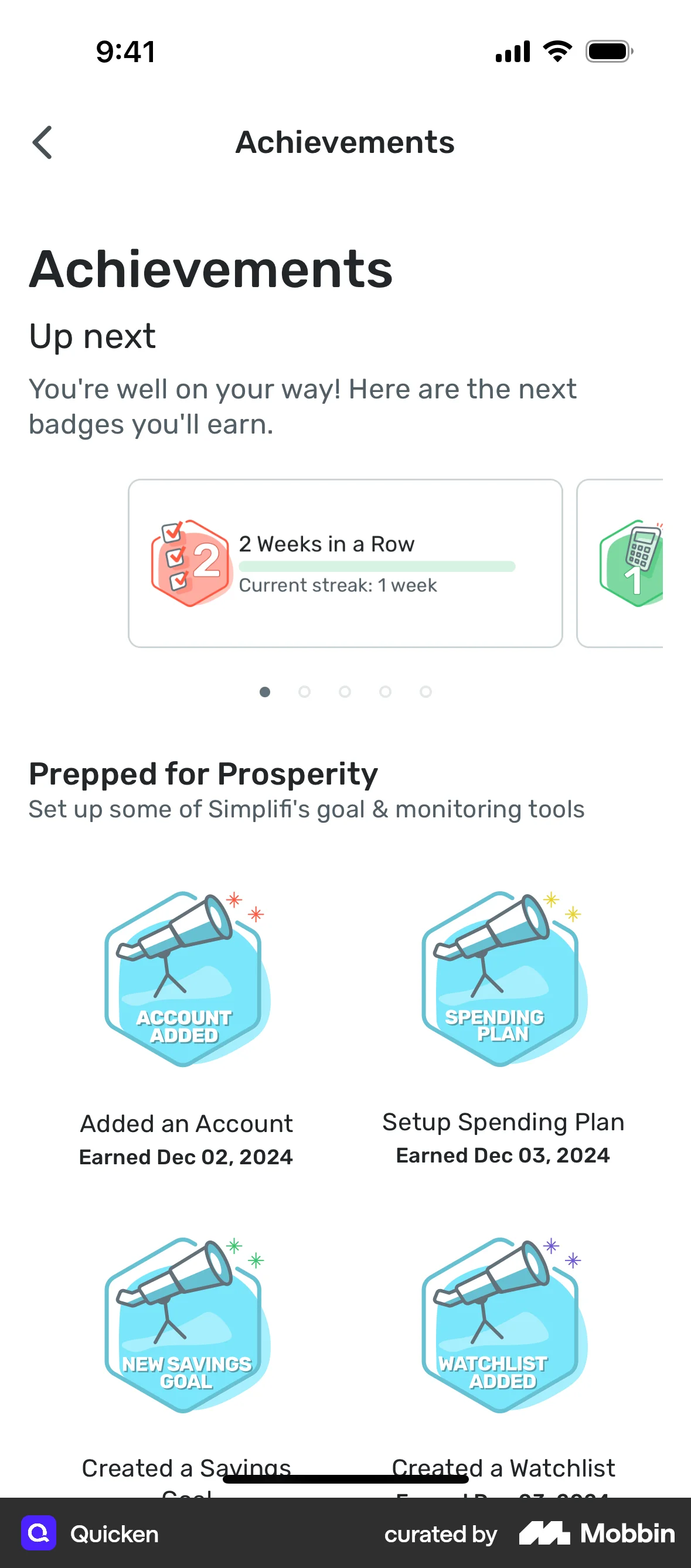 Quicken iOS Achievements & Awards screen
