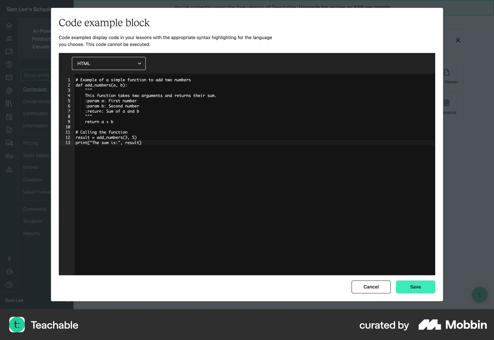 Teachable Web Code Editor screen