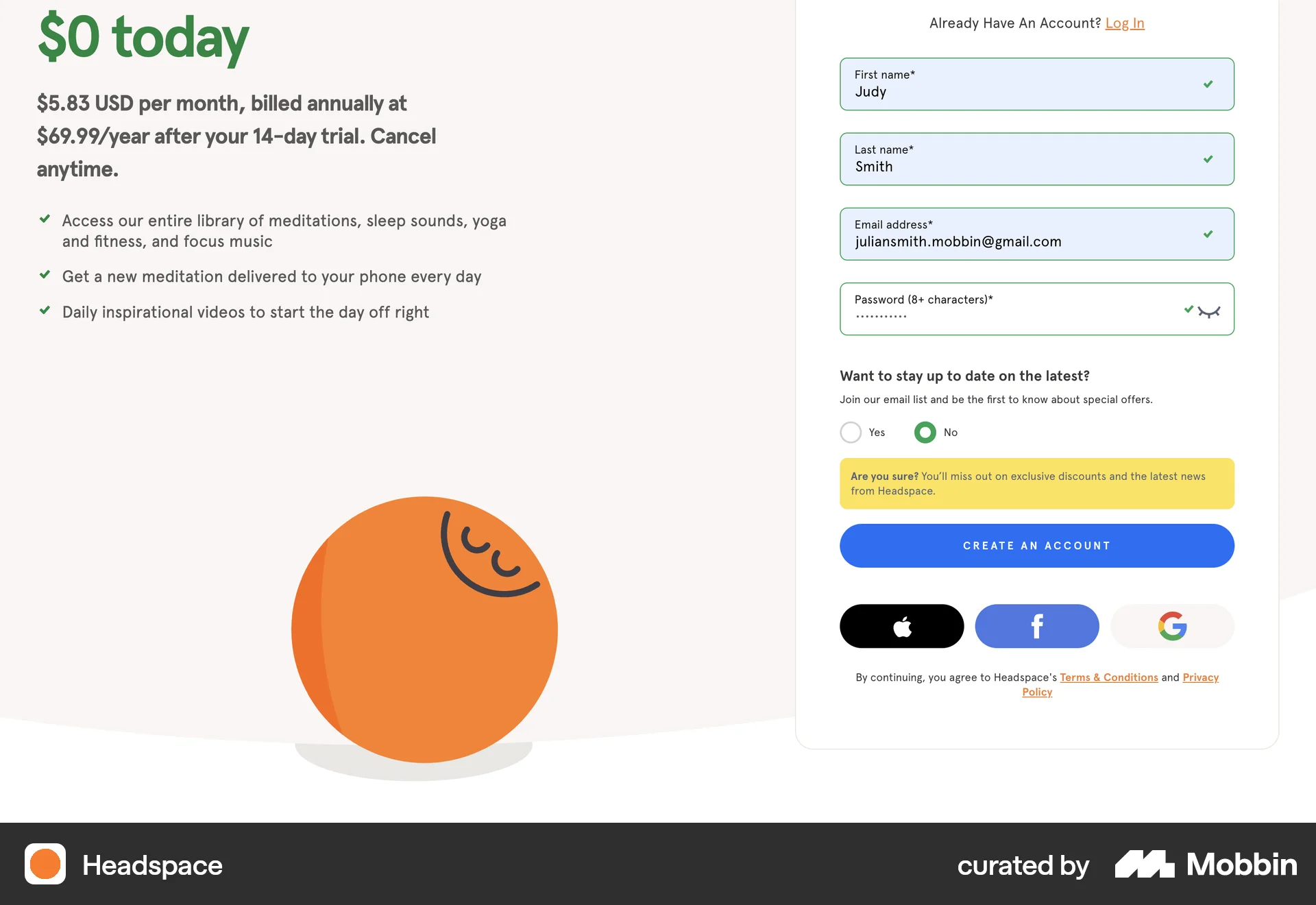 Headspace Web screen containing Radio Button UI element