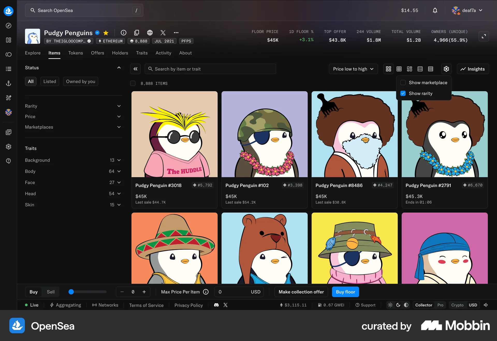 OpenSea Web screen containing Popover UI element