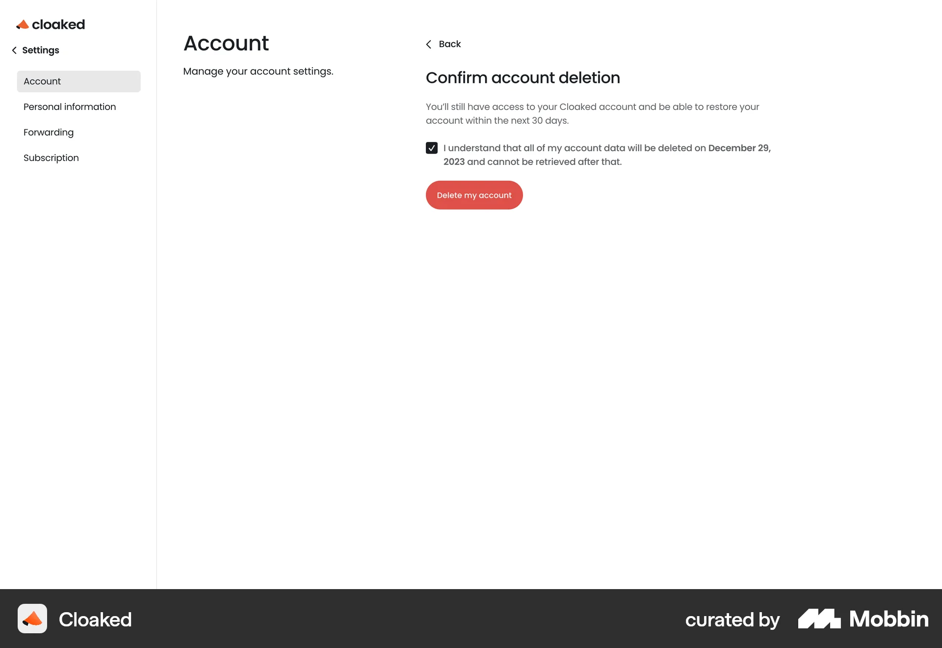 Cloaked Web Delete & Deactivate Account screen