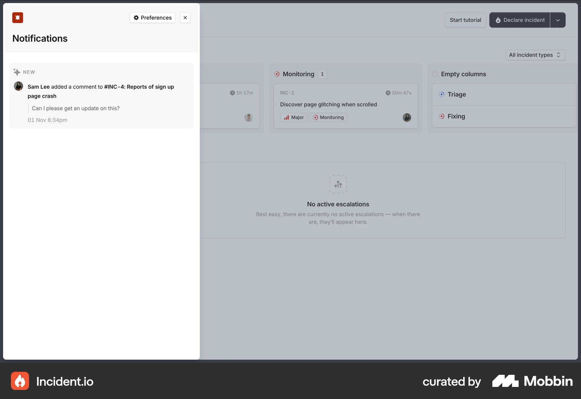 incident.io Web Notifications screen