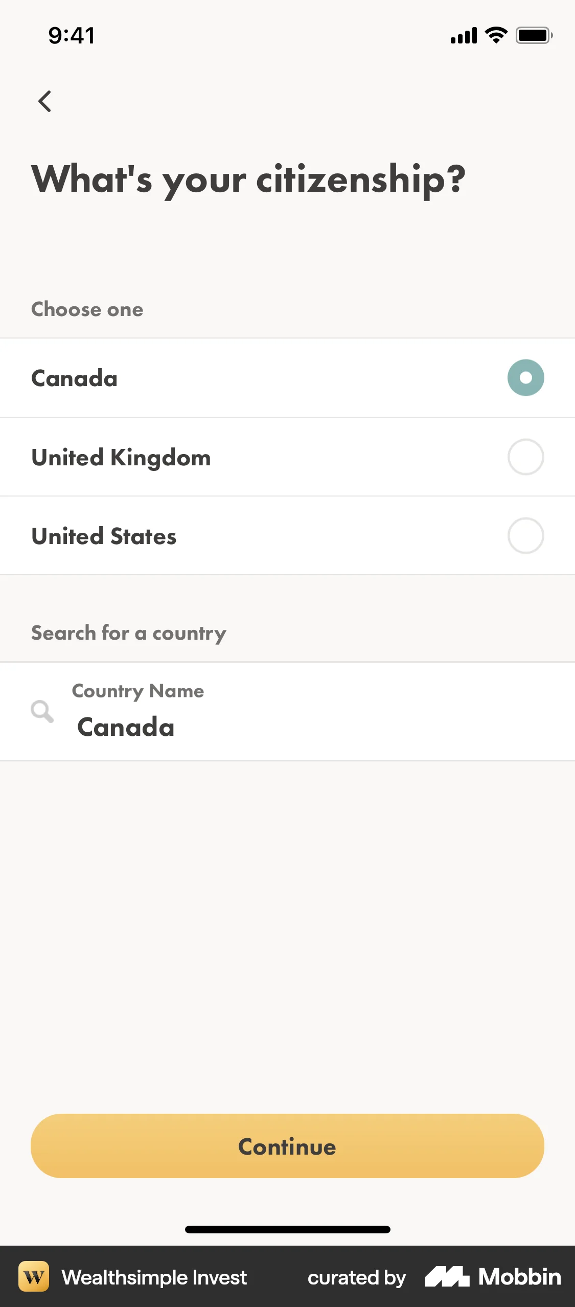 Wealthsimple Invest iOS screen containing Radio Button UI element