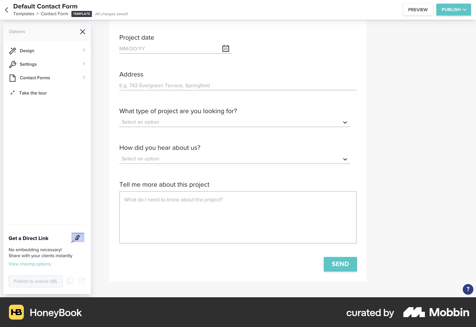 HoneyBook Web Web Form UI screen