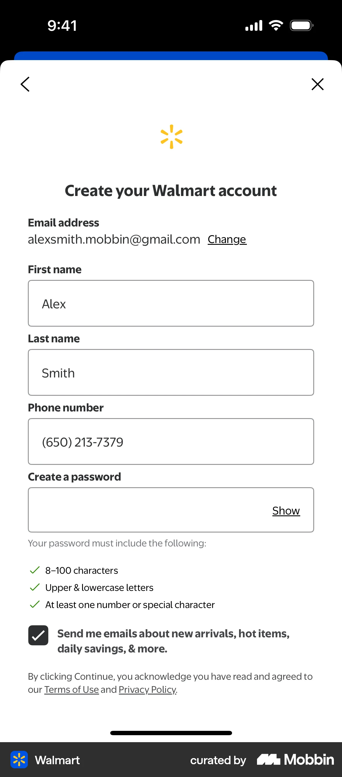 Walmart iOS screen containing Text Field UI element