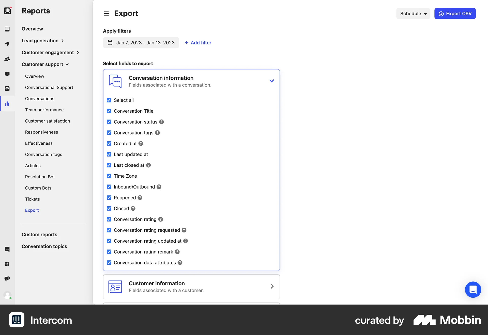 Intercom Web Import & Export screen