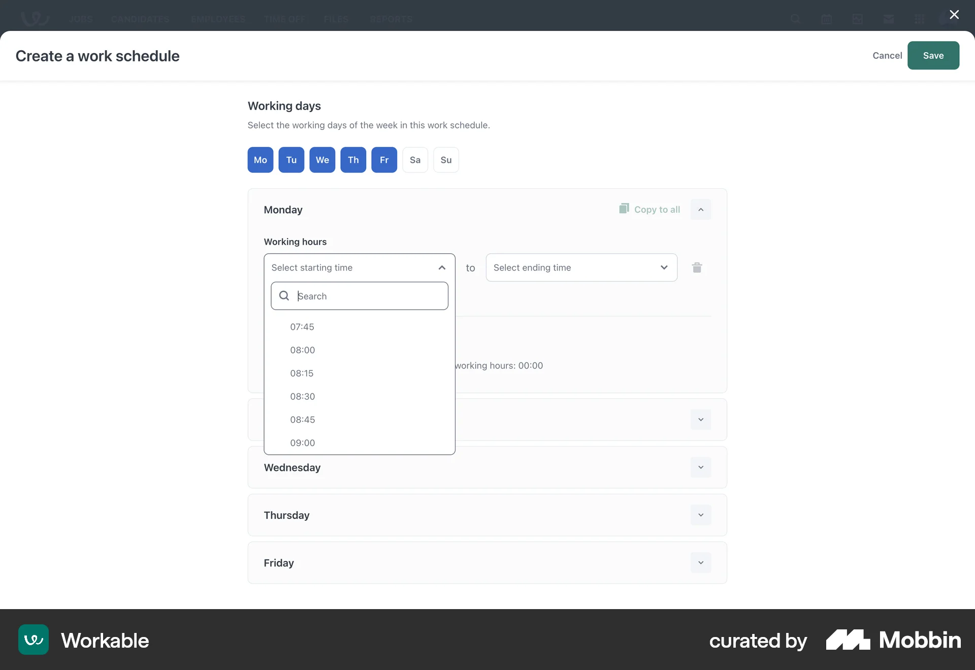 Workable Web screen containing Time Picker UI element