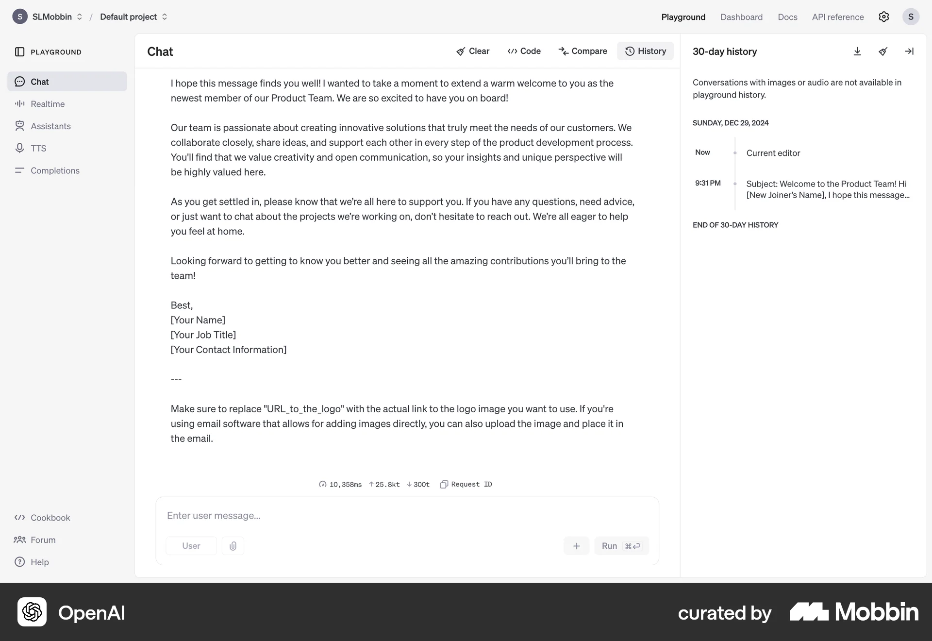 OpenAI Platform Web Timeline & History screen