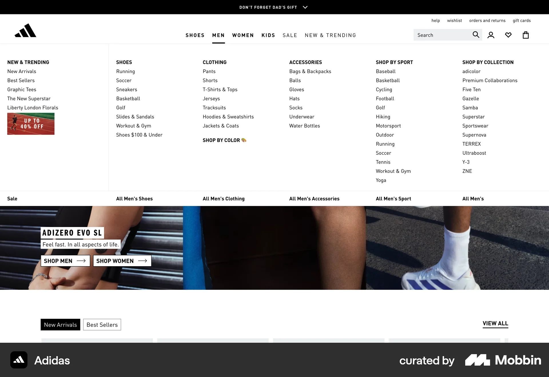 adidas Web screen containing Navigation Menu UI element