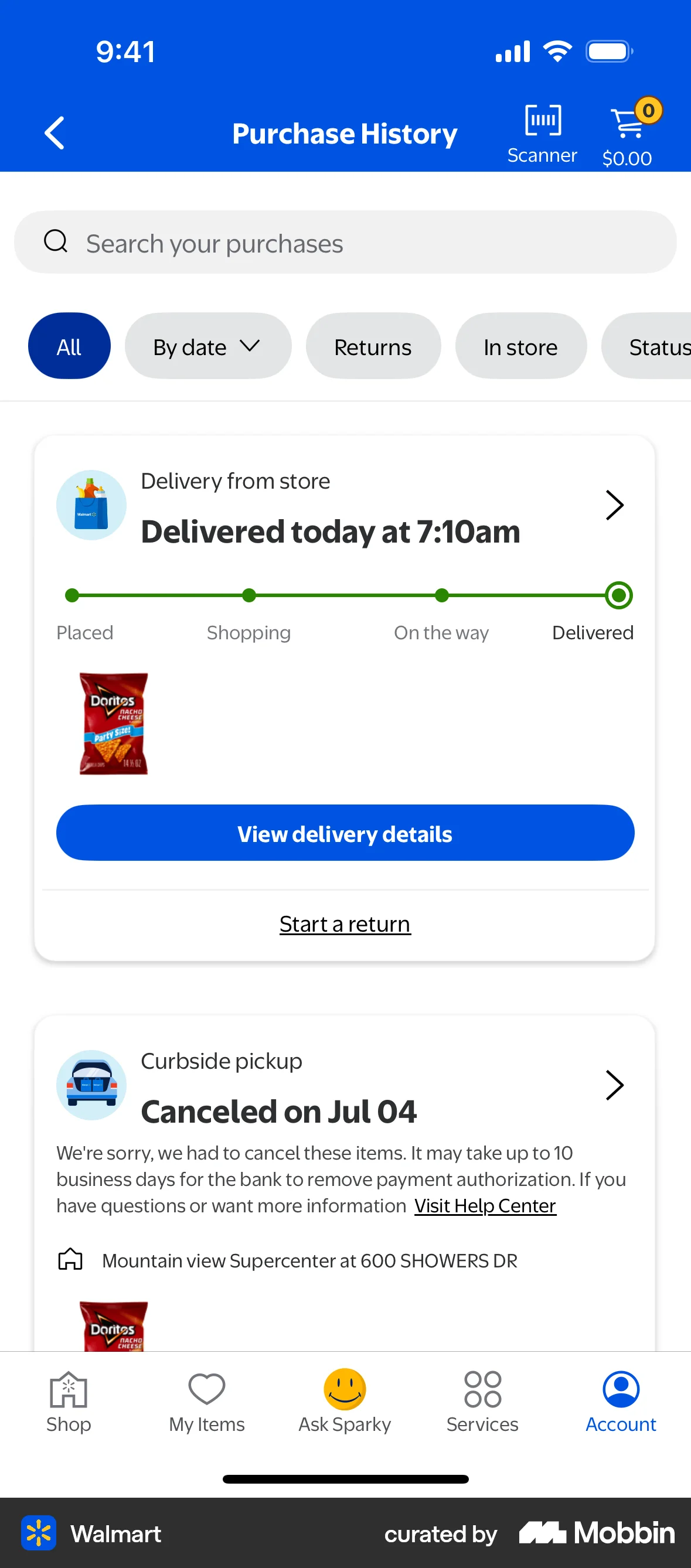Walmart iOS Order History screen
