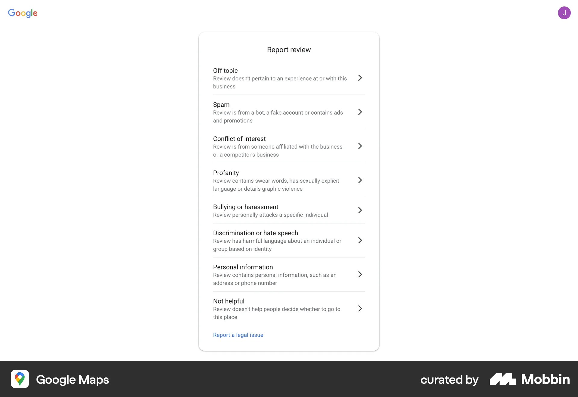 Google Maps Web Flag & Report screen