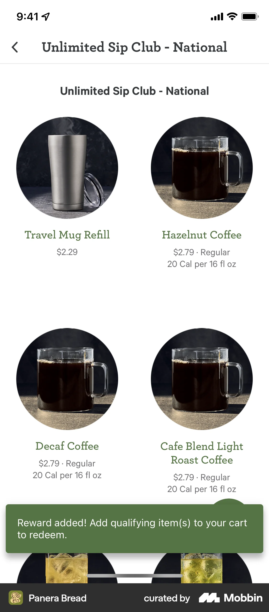 Panera Bread iOS screen containing Toast UI element