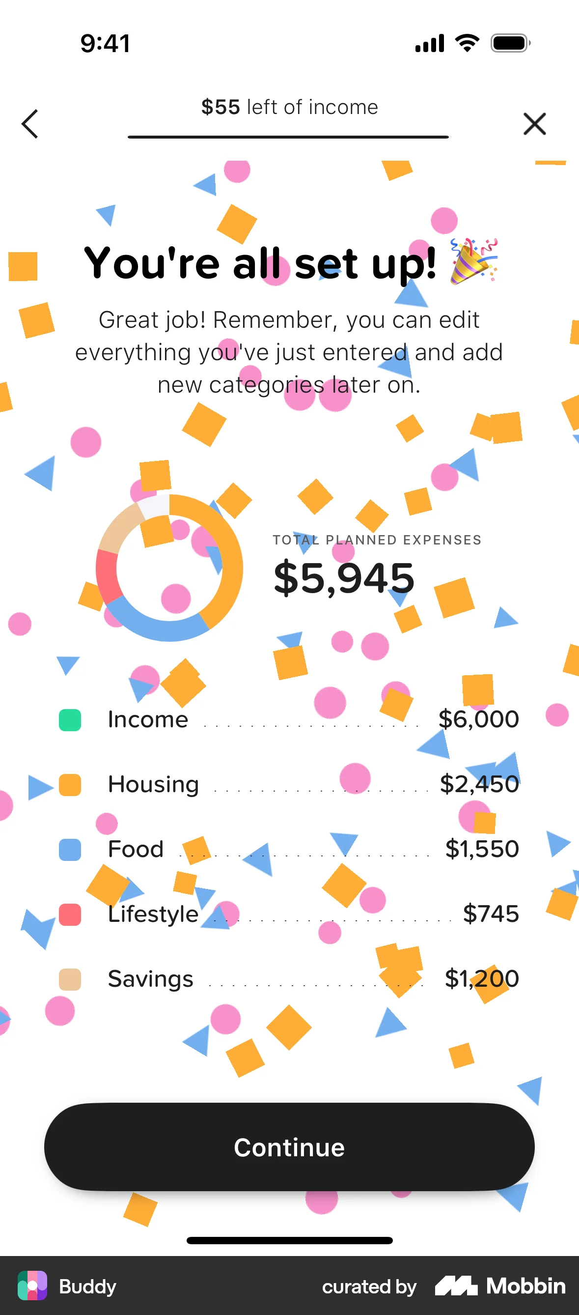 Buddy iOS Confetti screen