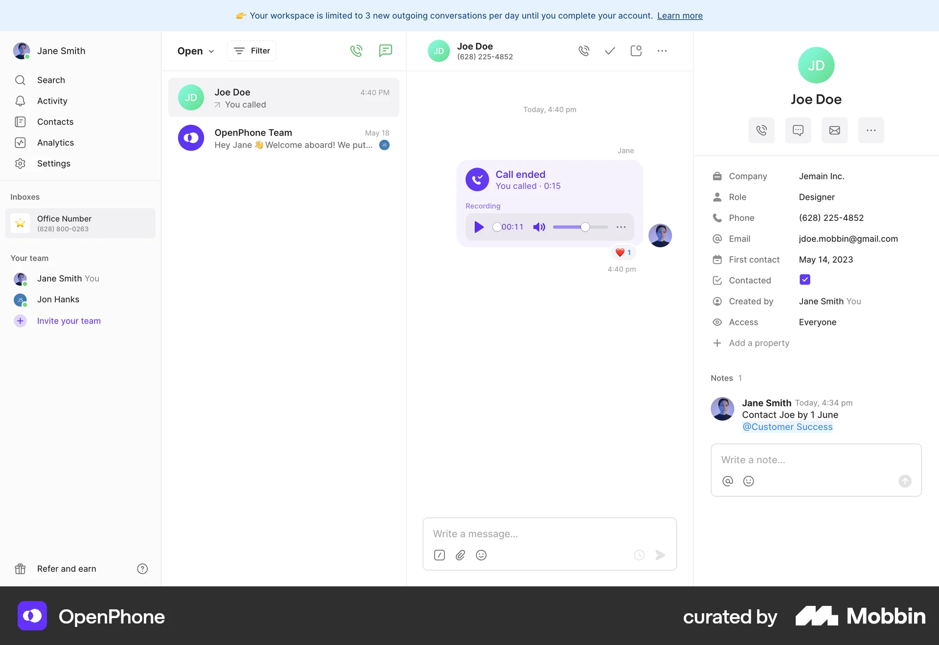 OpenPhone Web Like & Upvote screen