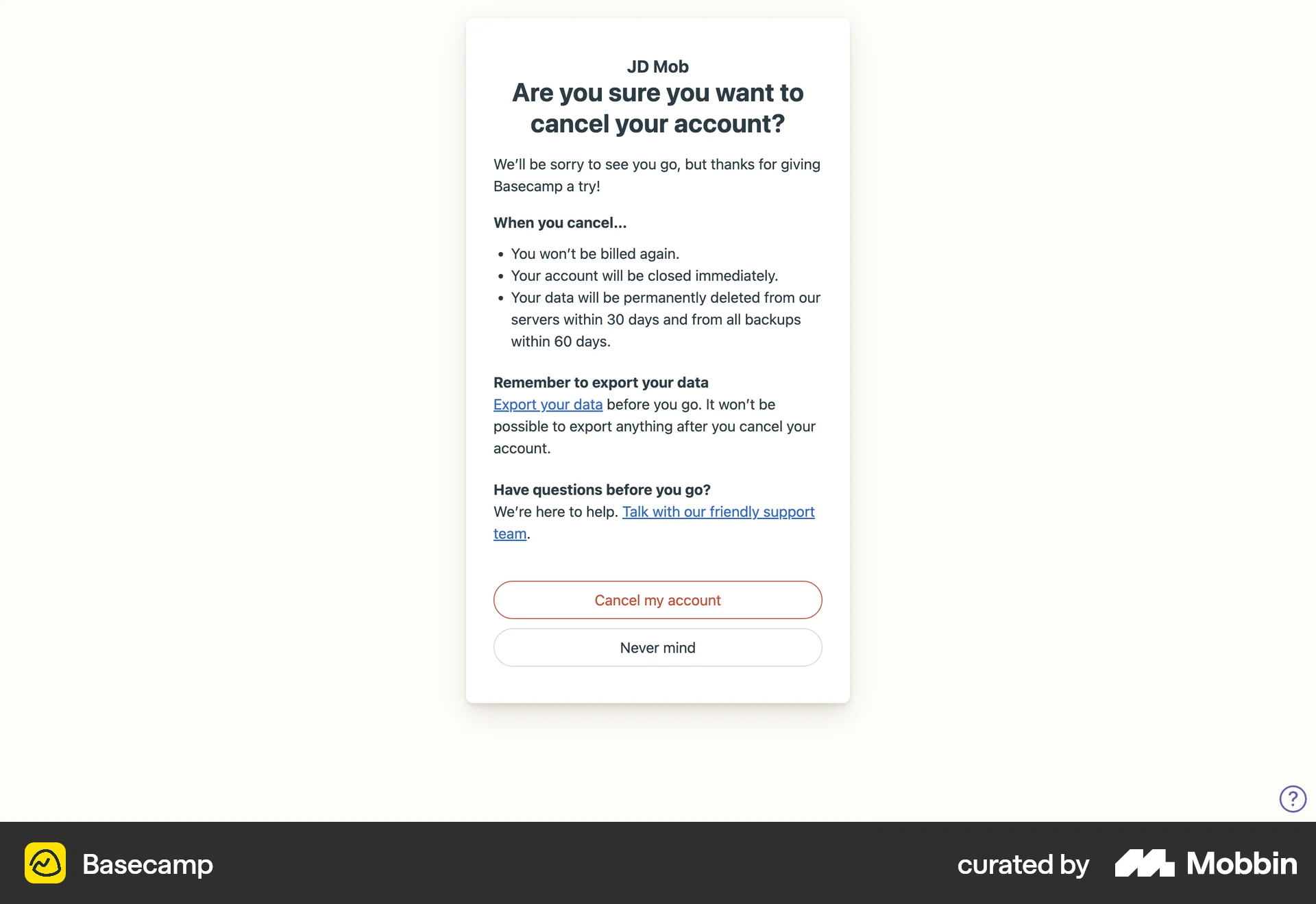 Basecamp Web Delete & Deactivate Account screen