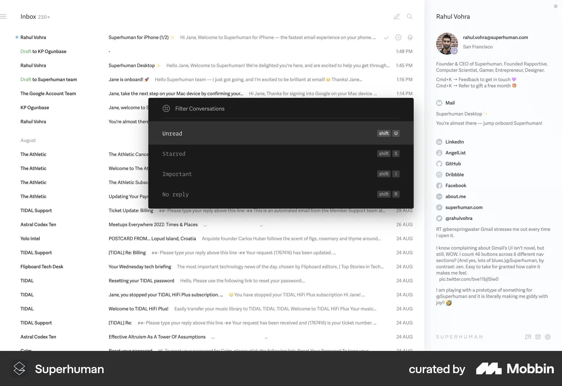 Superhuman Mail Web Filter & Sort screen