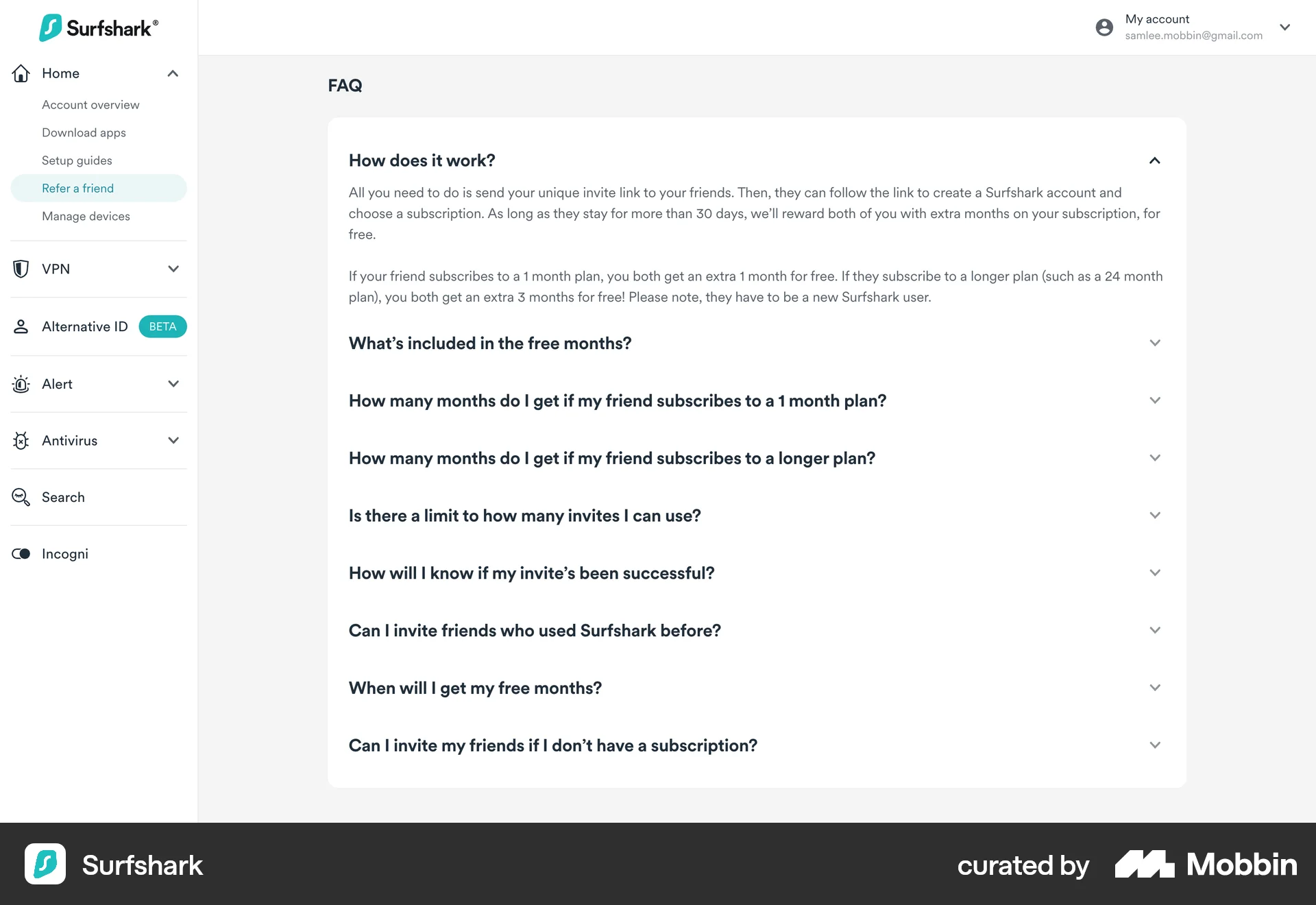 Surfshark Web Help & Support screen