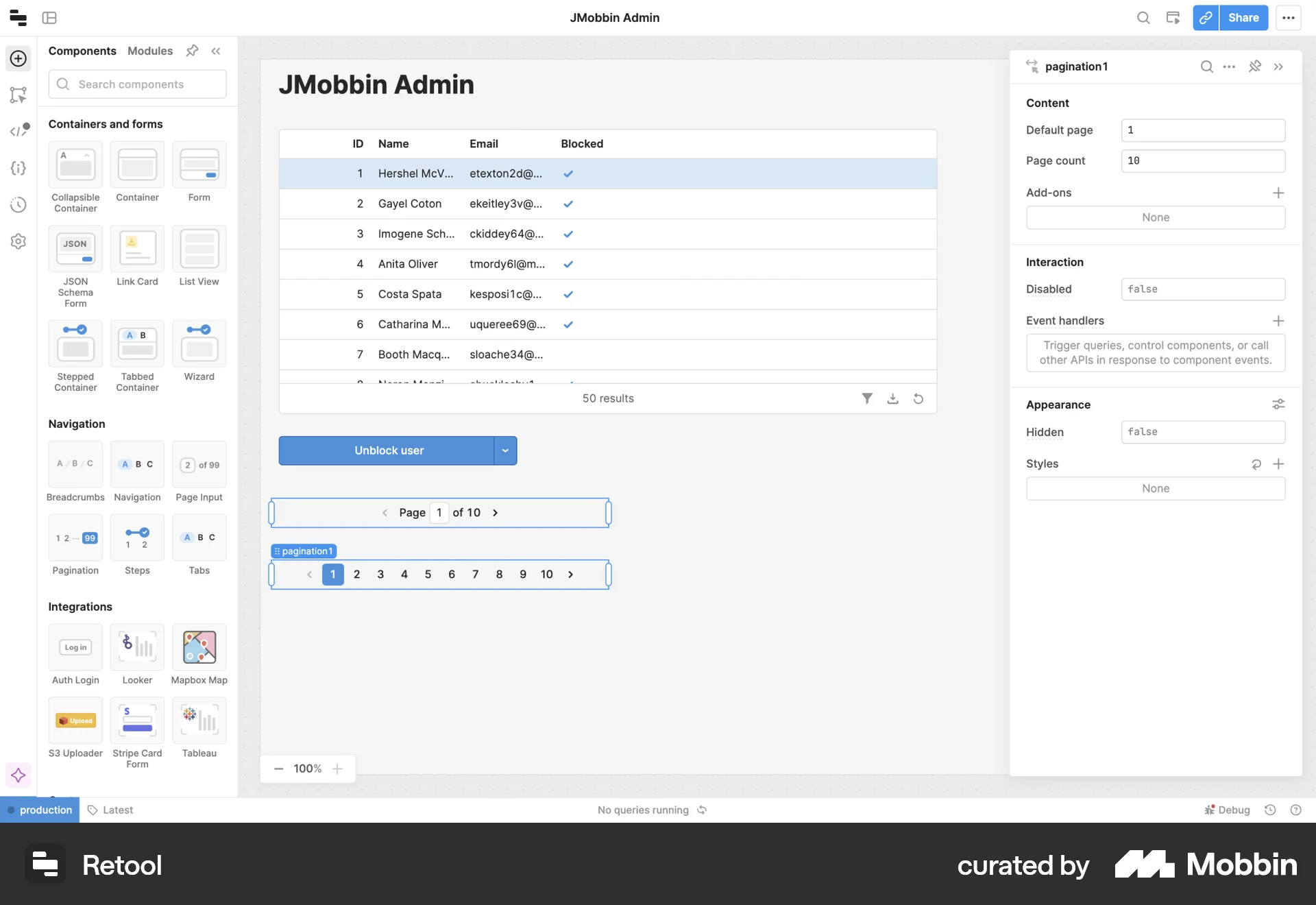 Retool Web screen containing Pagination UI element