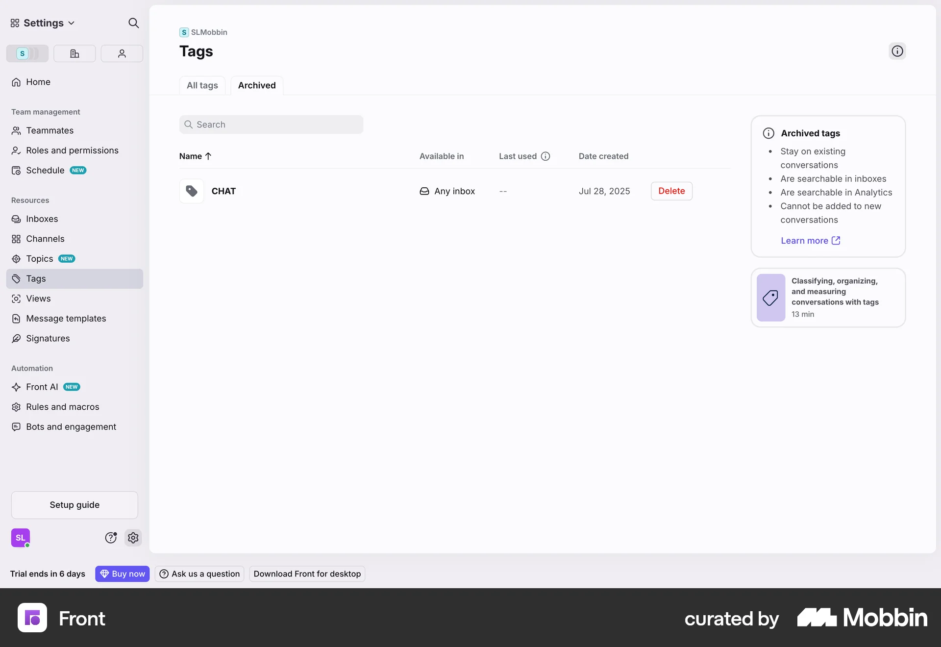 Front Web Trash & Archive screen