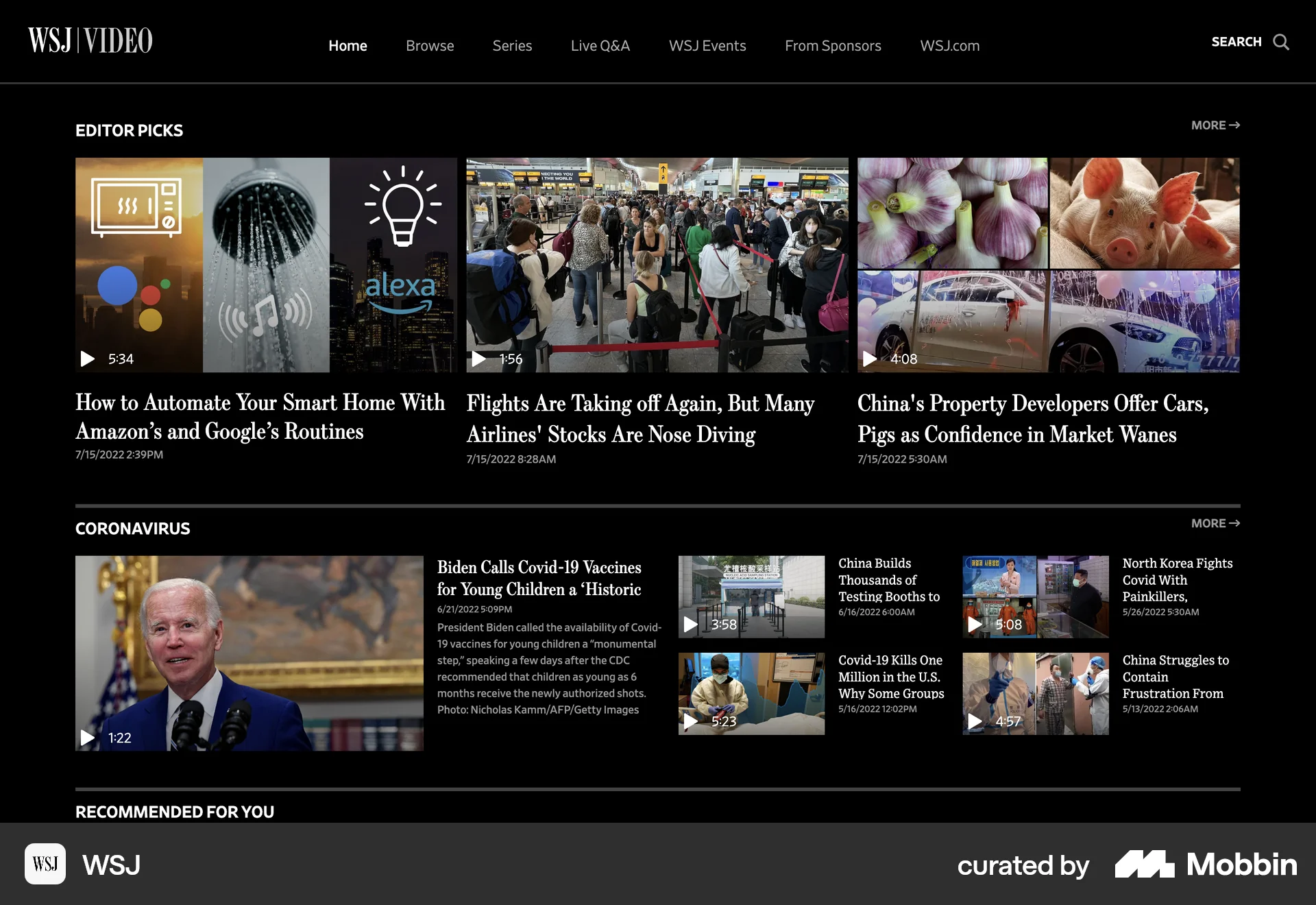 WSJ Web News Feed screen