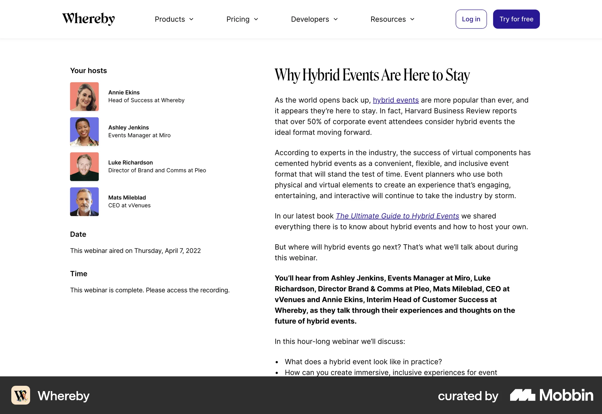Whereby Web Event Detail screen