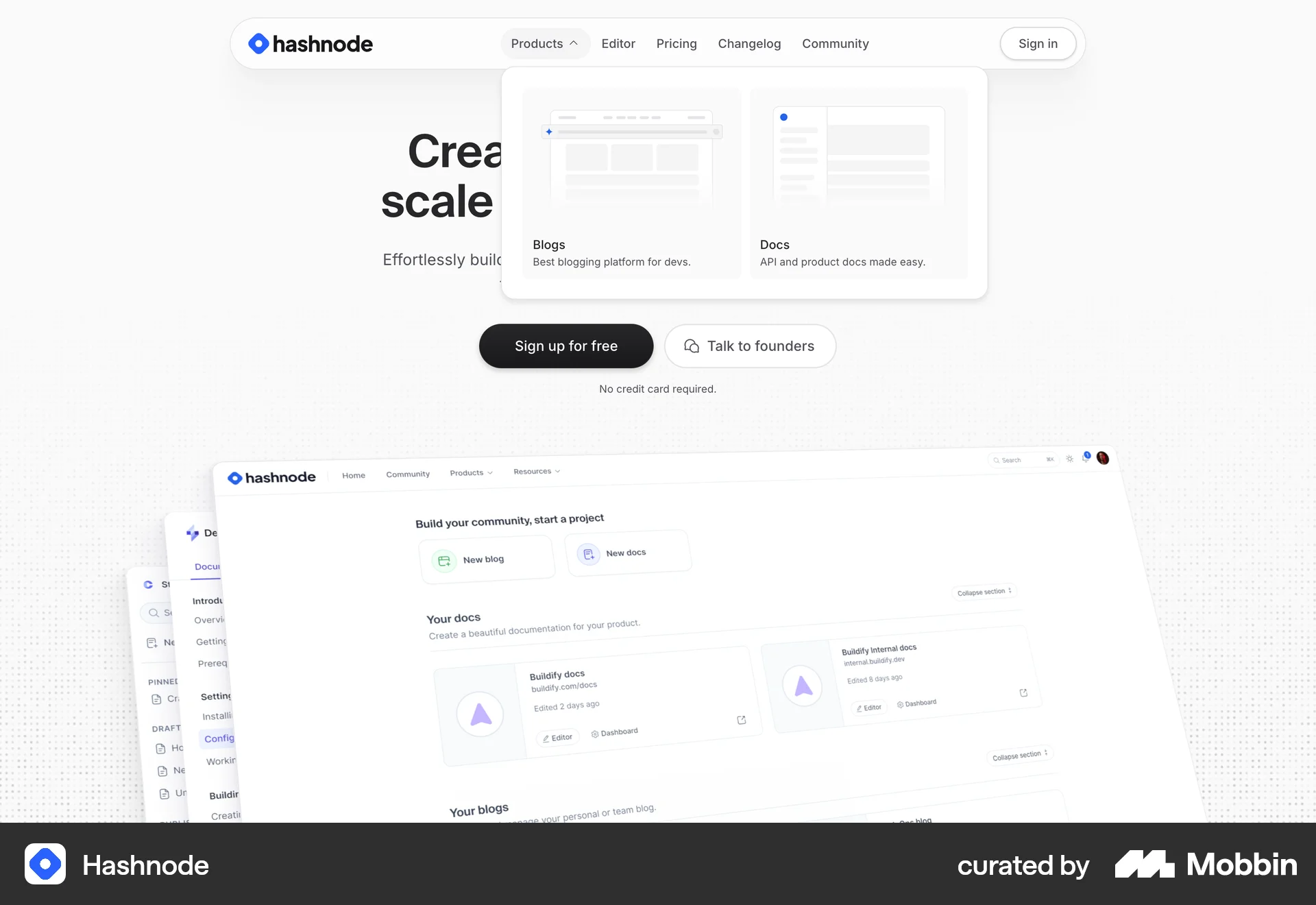 Hashnode Web screen containing Navigation Menu UI element