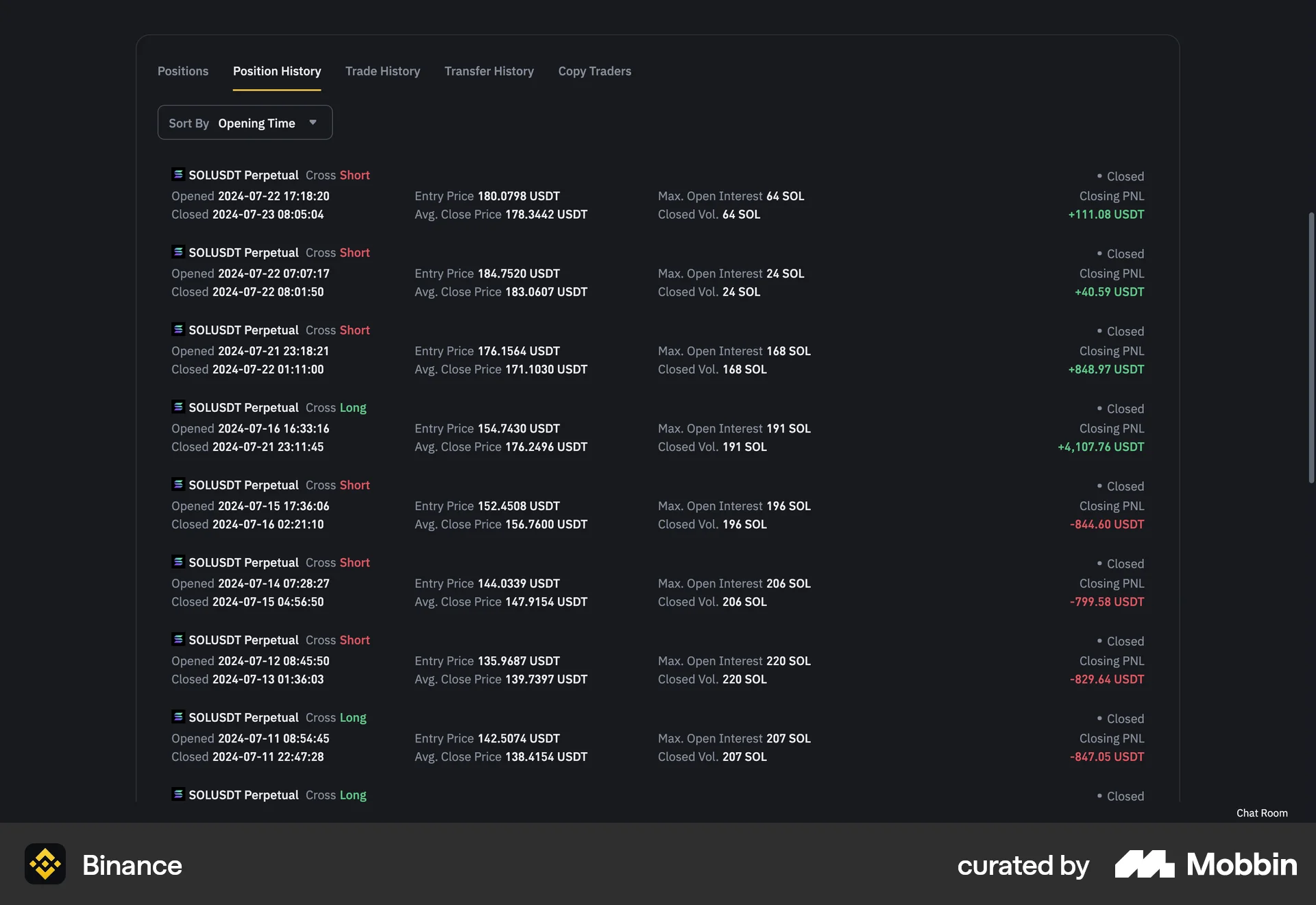 Binance Web Timeline & History screen
