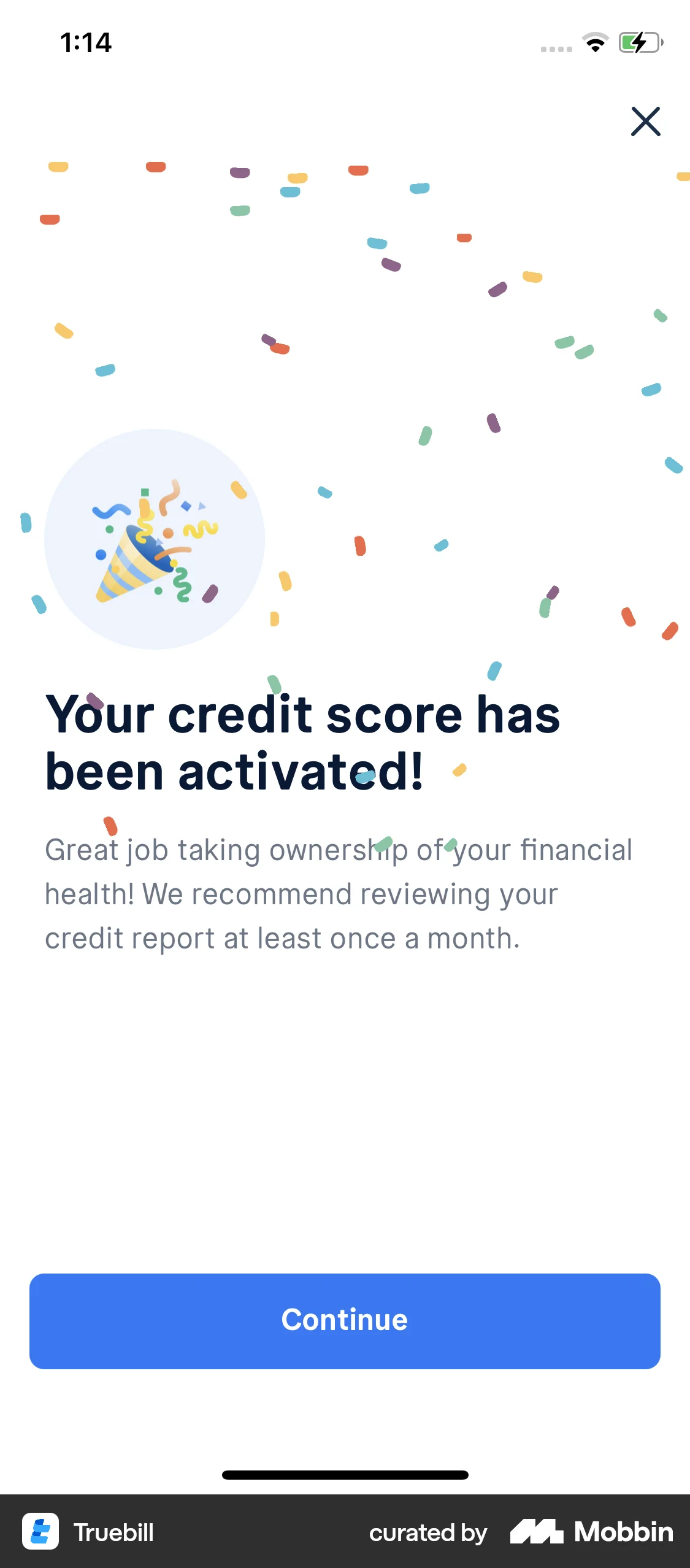 Truebill iOS Confetti screen