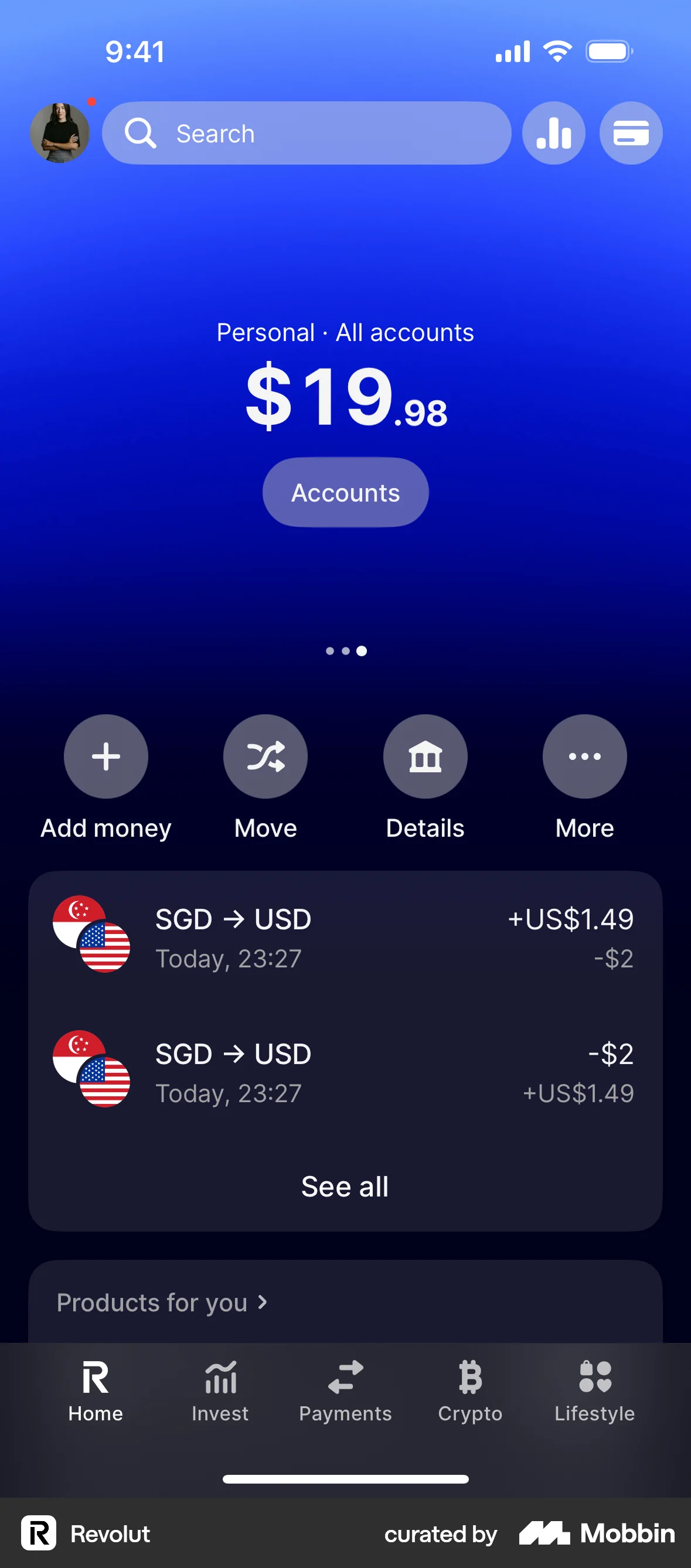 Revolut iOS Home screen