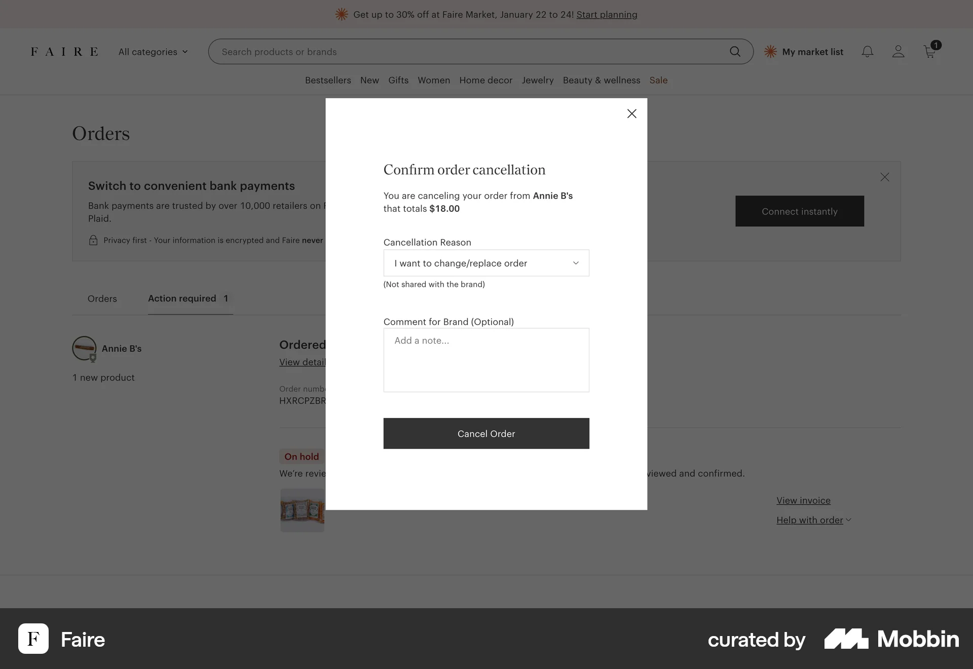 Faire Web Cancel screen