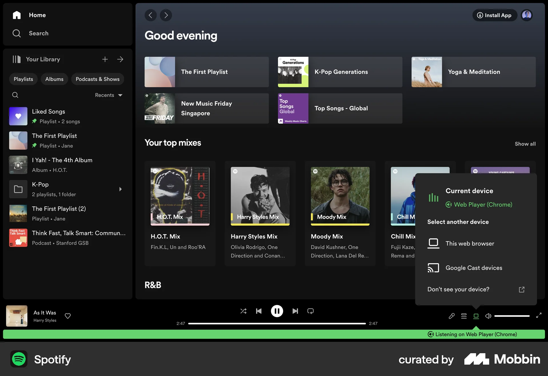 Spotify Web screen containing Dropdown Menu UI element