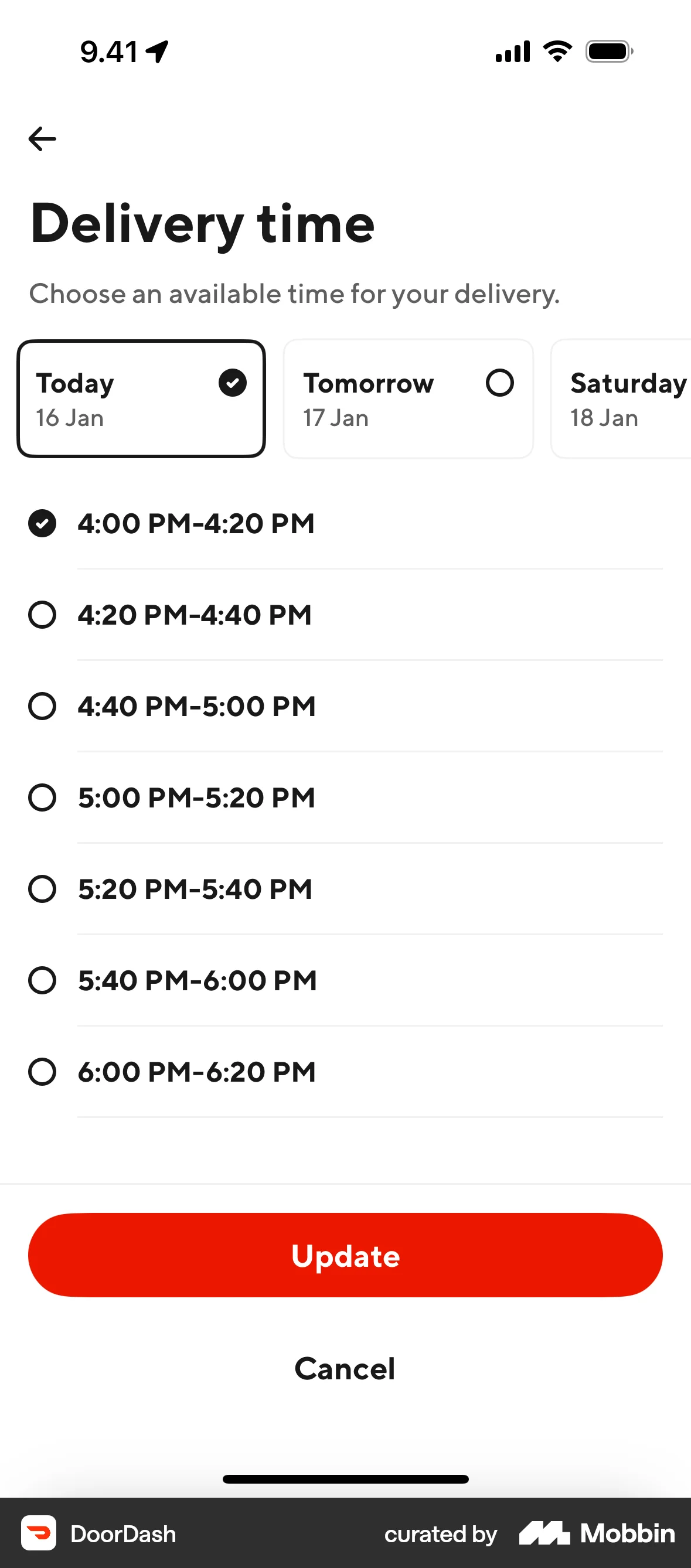 DoorDash iOS screen containing Time Picker UI element