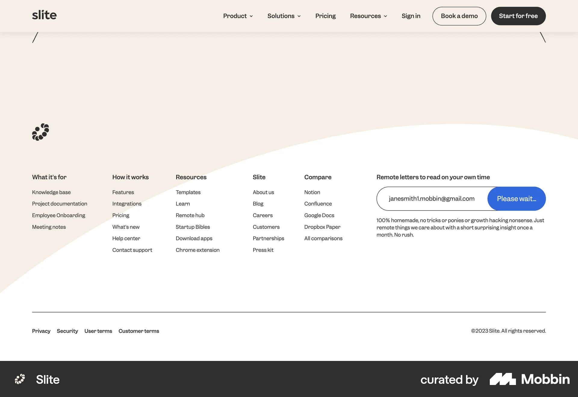 Slite Web Follow & Subscribe screen