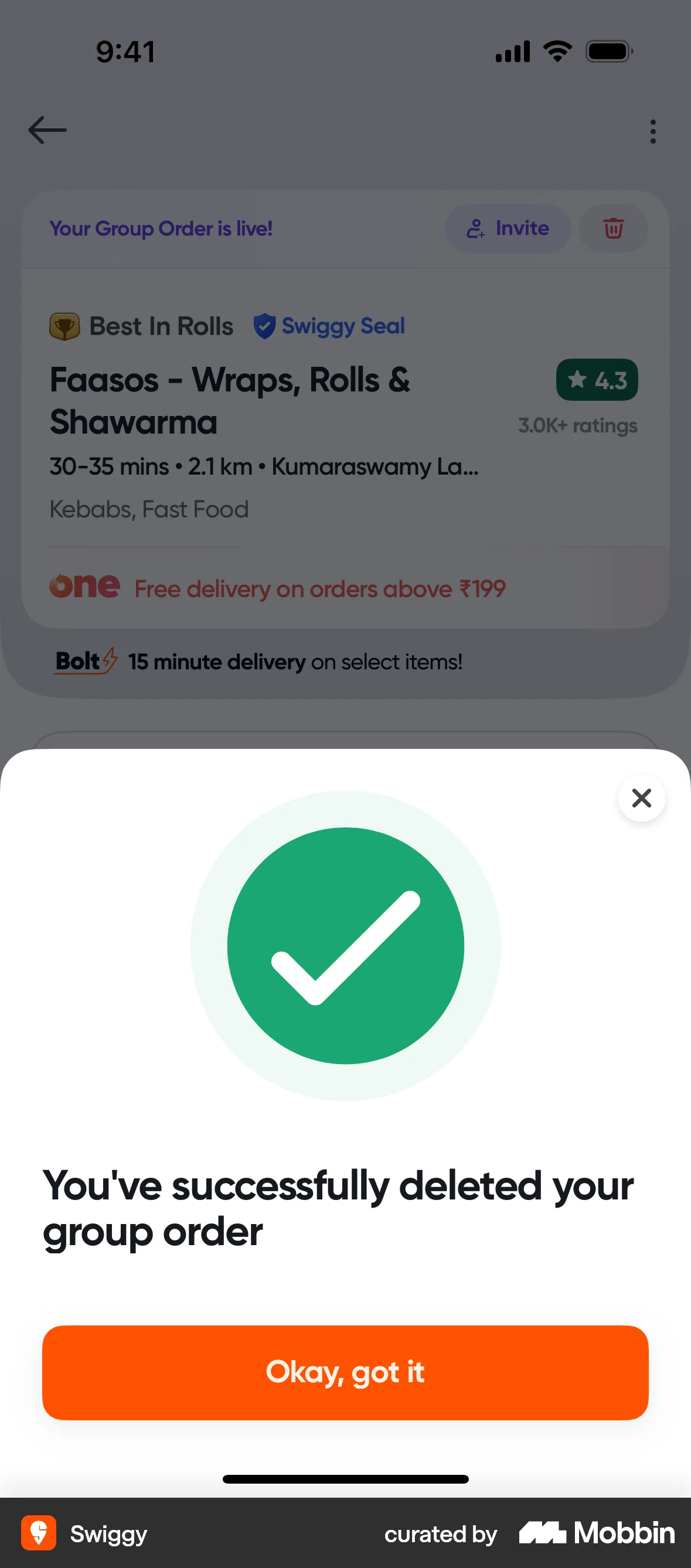 Swiggy iOS Acknowledgement & Success screen