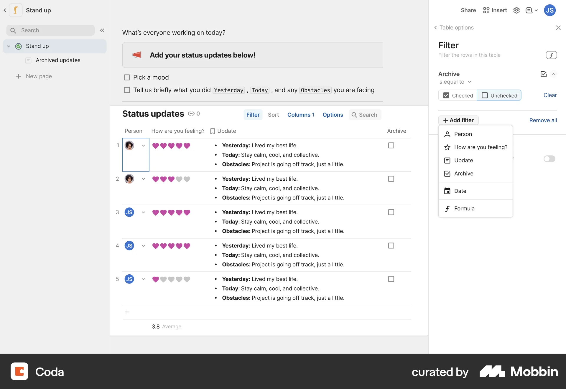 Coda Web screen containing Segmented Control UI element
