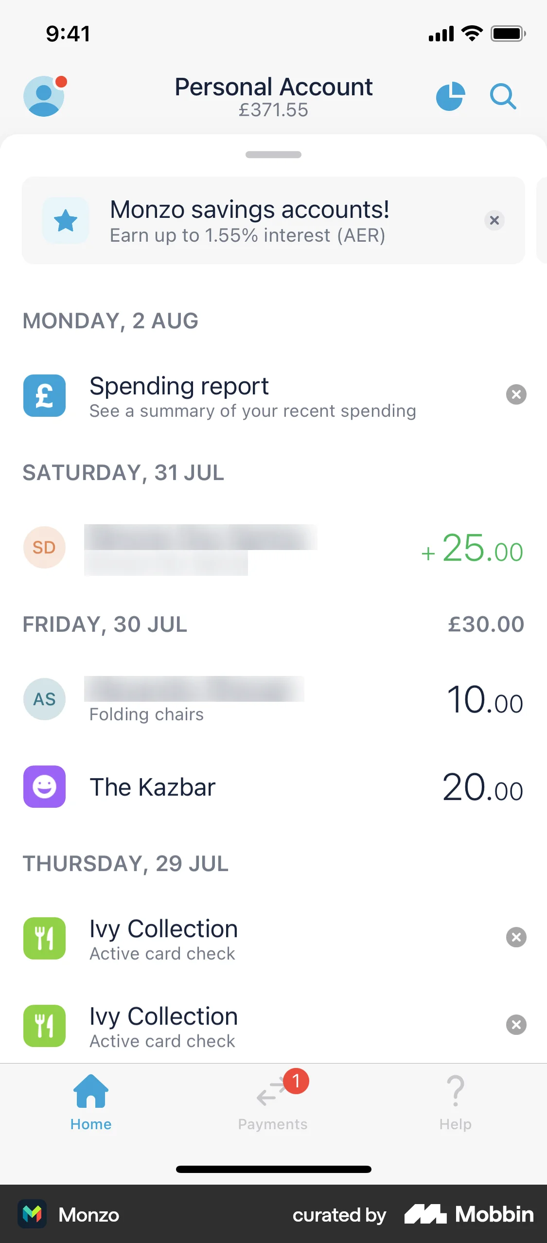 Monzo iOS Wallet & Balance screen
