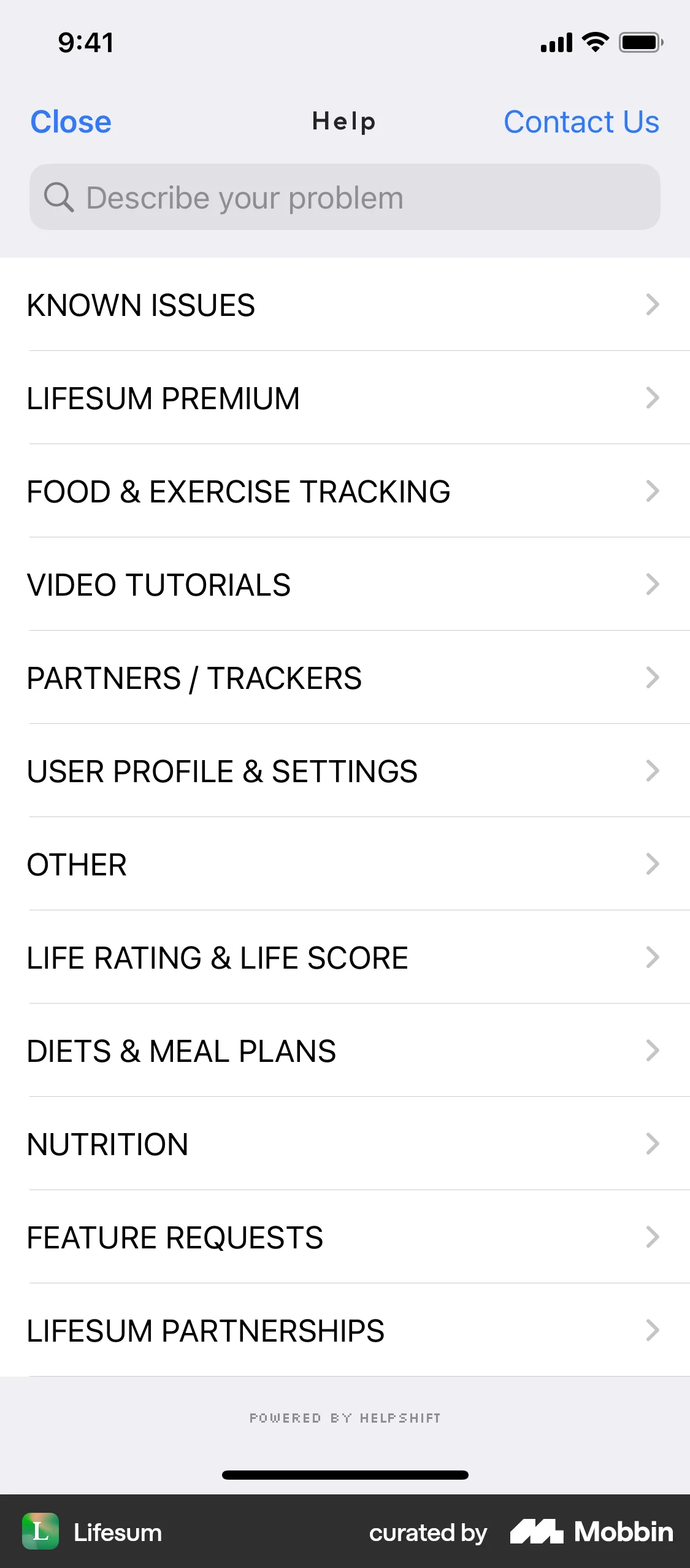 Lifesum iOS Help & Support screen