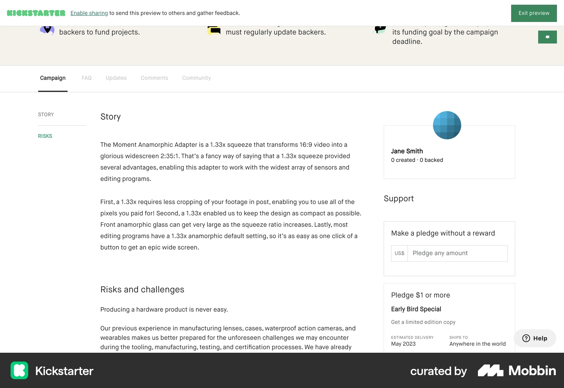 Kickstarter Web Product Detail screen