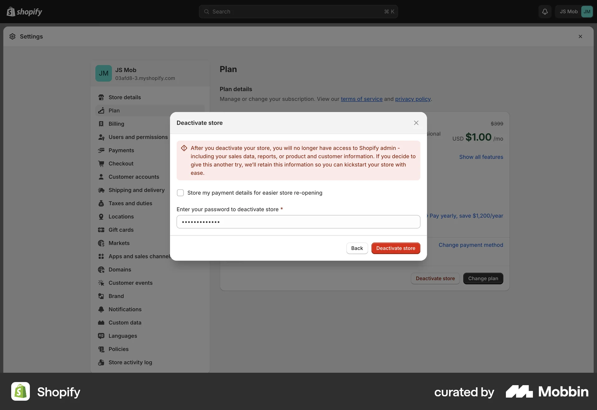 Shopify Web Delete & Deactivate Account screen