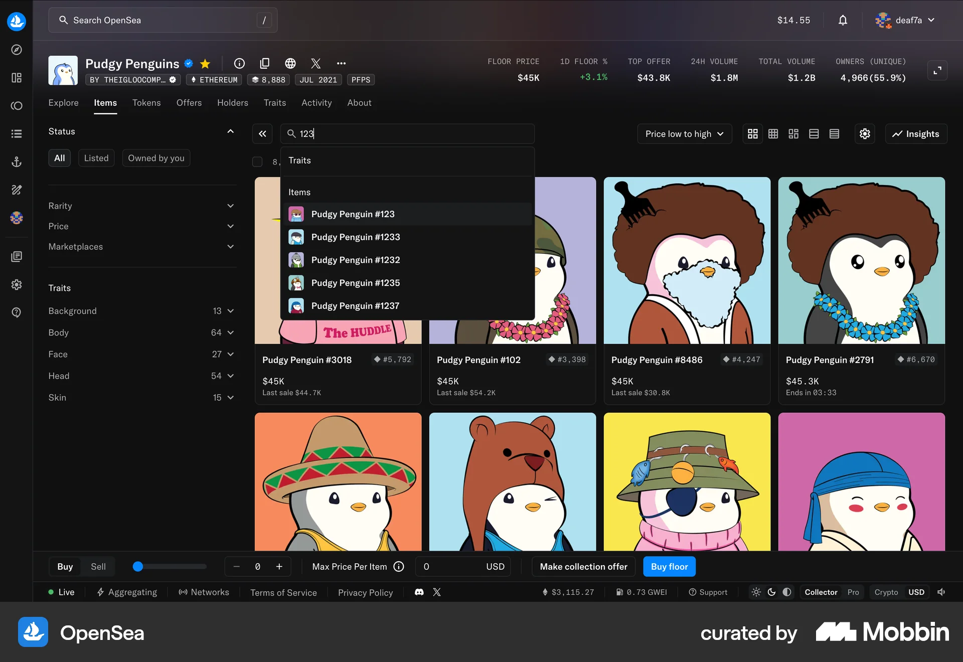 OpenSea Web Search screen