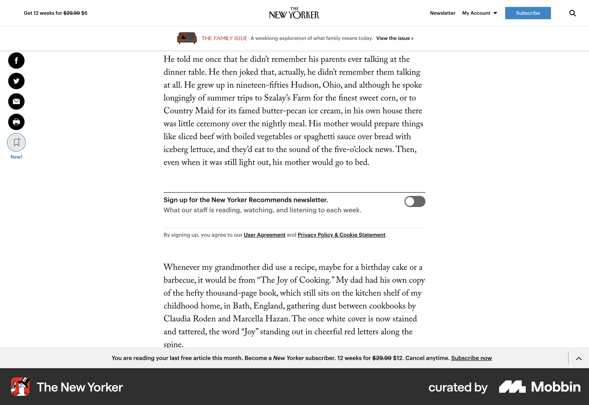 The New Yorker Web Article Detail screen