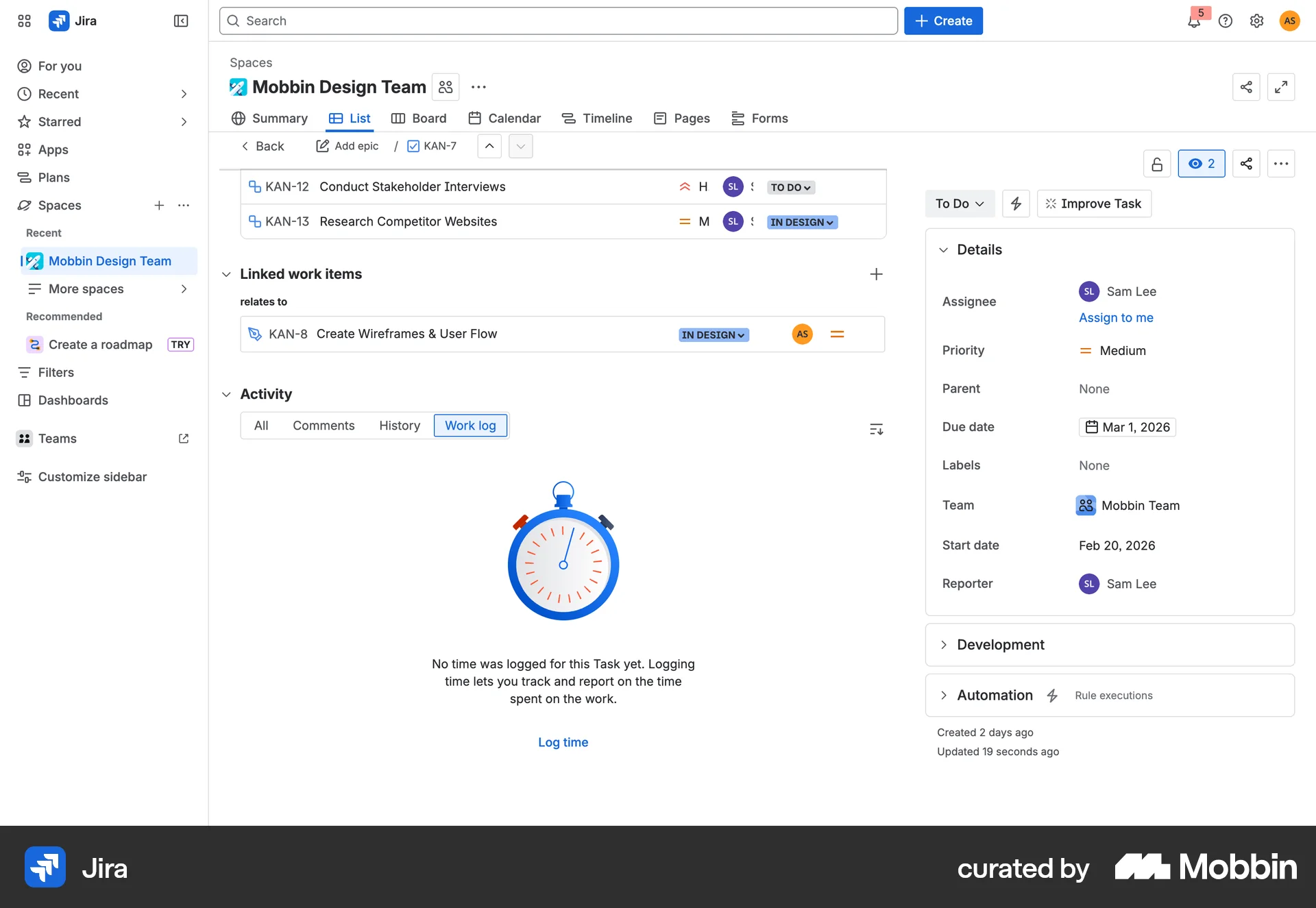 Jira Adding a work log screen