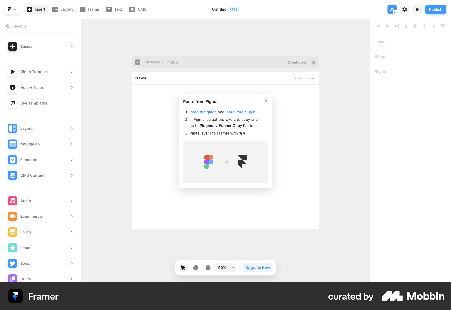 Framer Web Import & Export screen