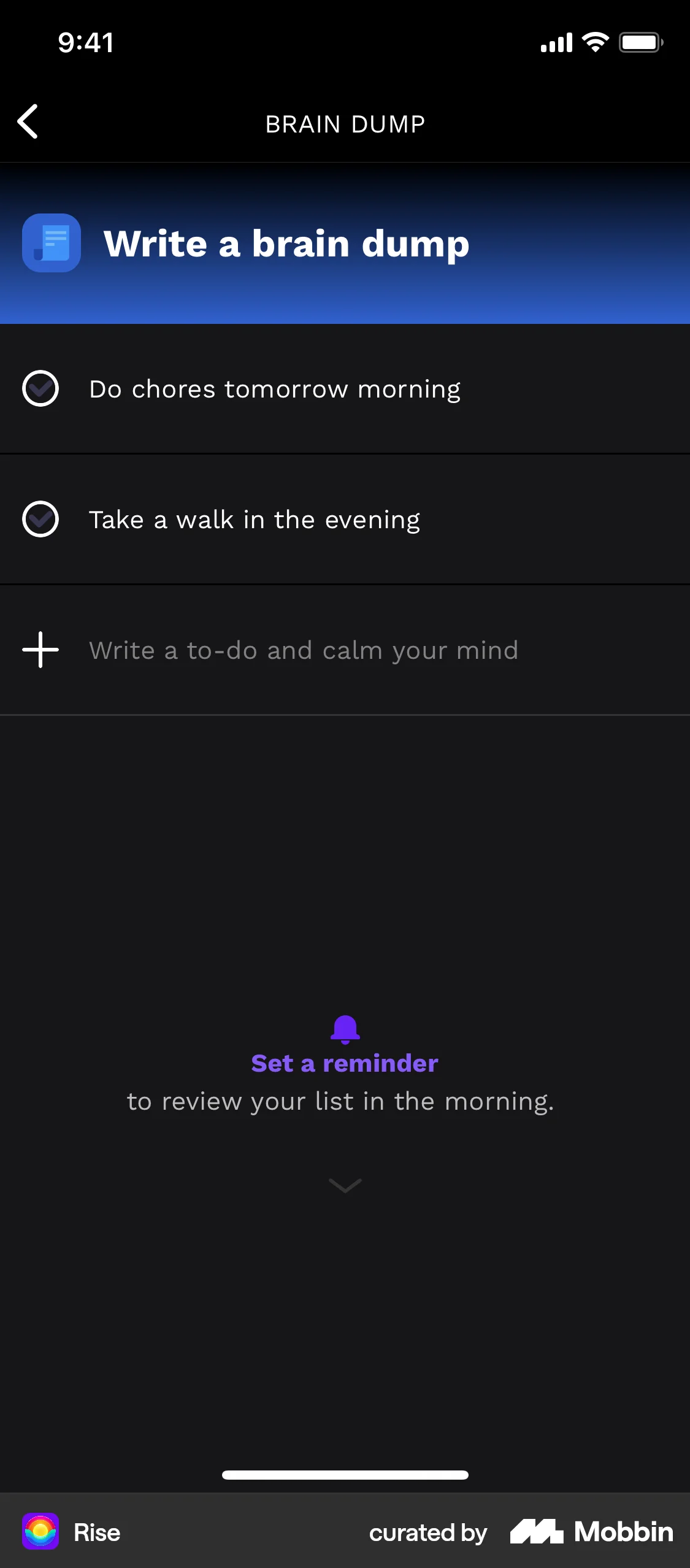 Rise iOS Reminder screen