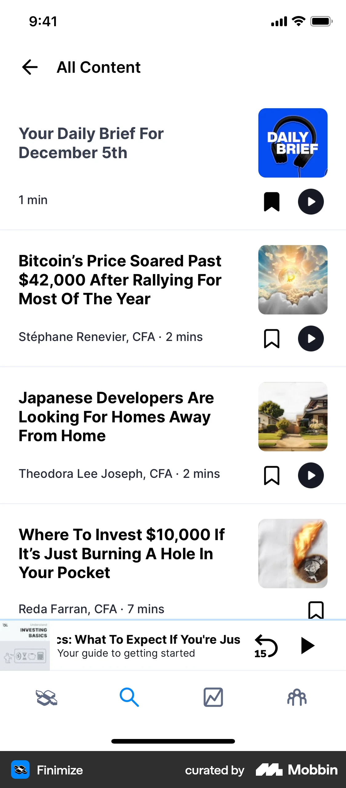 Finimize iOS News Feed screen