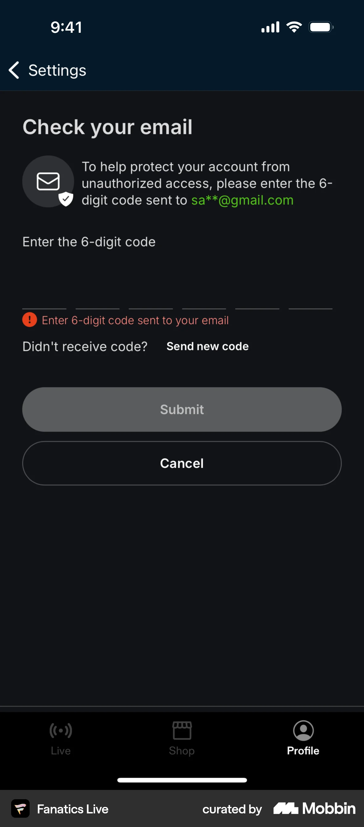 Fanatics Live iOS Error screen