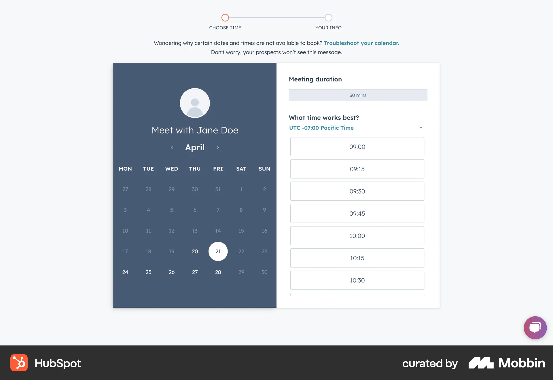 HubSpot Web Calendar screen